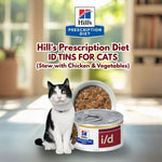 Load image into Gallery viewer, Cat with Hill's Prescription Diet i/d cat food can and open tin in a home setting
