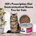 Load image into Gallery viewer, Cat next to Hill's Prescription Diet Gastrointestinal Biome Tins for Cats on a light background