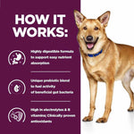 Load image into Gallery viewer, Dog standing next to a purple informational panel about a highly digestible formula for dogs.