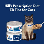 Load image into Gallery viewer, Hill's Prescription Diet ZD Tins for Cats with a cat holding a spoonful of food on a blue background