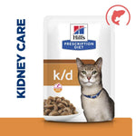 Load image into Gallery viewer, Hills Prescription Diet k/d Kidney Care cat food pouch with a cat on the label.