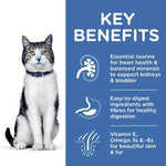 Load image into Gallery viewer, Cat with key benefits of a pet supplement on a blue background