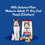 Load image into Gallery viewer, Hills Science Plan Mature Adult 7+ Dry Cat Food packaging with a cat on a blue background