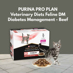 Load image into Gallery viewer, PURINA PRO PLAN Veterinary Diets Feline DM Diabetes Management Beef packaging with a cat and food dish on a gray background
