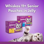Load image into Gallery viewer, Whiskas 11+ Senior Pouches in Jelly packaging with a cat on a purple background