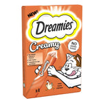 Load image into Gallery viewer, Dreamies Creamy cat treat packaging with cartoon cat and chicken illustration on an orange background.