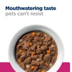 Load image into Gallery viewer, Bowl of pet food with text 'Mouthwatering taste pets can't resist' on a white background