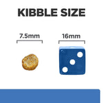 Load image into Gallery viewer, Comparison of kibble size to a blue die showing measurements.