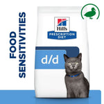 Load image into Gallery viewer, Hills Prescription Diet d/d food sensitivities cat food package with a gray cat on a white background