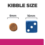 Load image into Gallery viewer, Comparison of kibble size to a blue die showing 9mm and 16mm measurements.