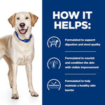 Load image into Gallery viewer, Dog with a blue collar on a white background, next to text about product benefits on a blue background.