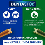 Load image into Gallery viewer, Dentastix product description with flavors and ingredients on a blue and green background