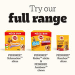 Load image into Gallery viewer, Promotional image of Pedigree dog treat packages with text 'Try our full range'.