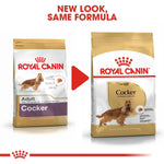 Load image into Gallery viewer, Two packages of Royal Canin Cocker dog food with a red arrow and text indicating 'New Look, Same Formula'.