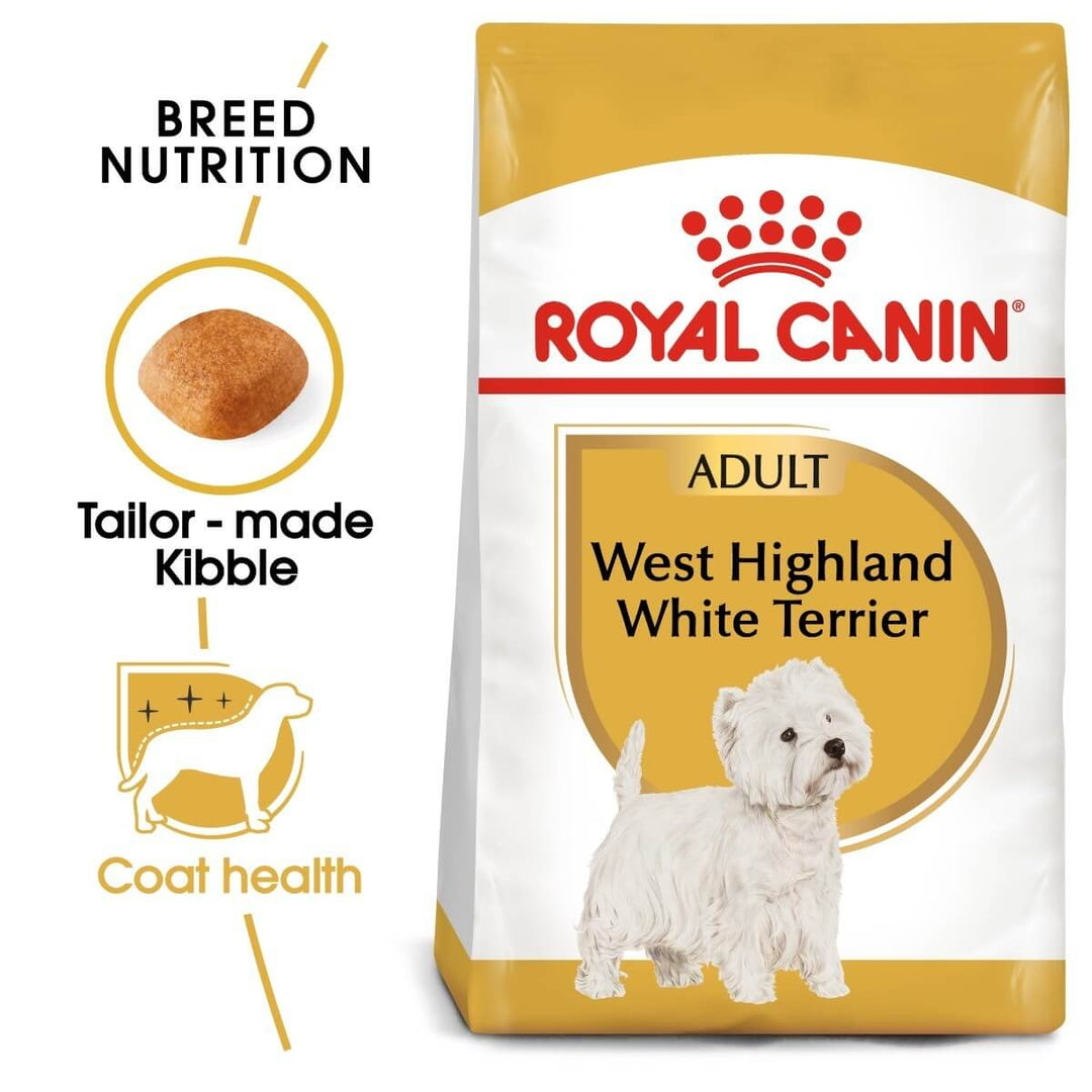 Royal Canin West Highland White Terrier dog food package with text and images on a white background