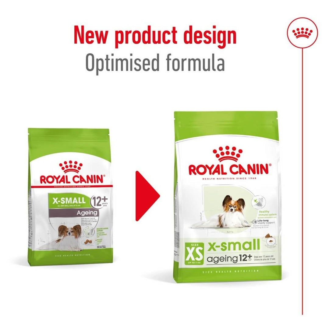 Two packages of Royal Canin X-Small ageing 12+ dog food with a red arrow and text indicating new product design and optimized formula.