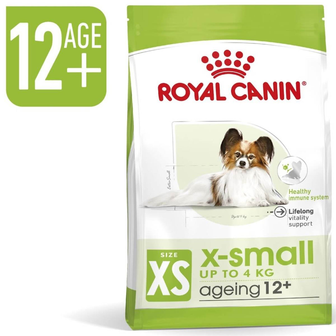 Royal Canin X-Small ageing 12+ dog food package on a white background