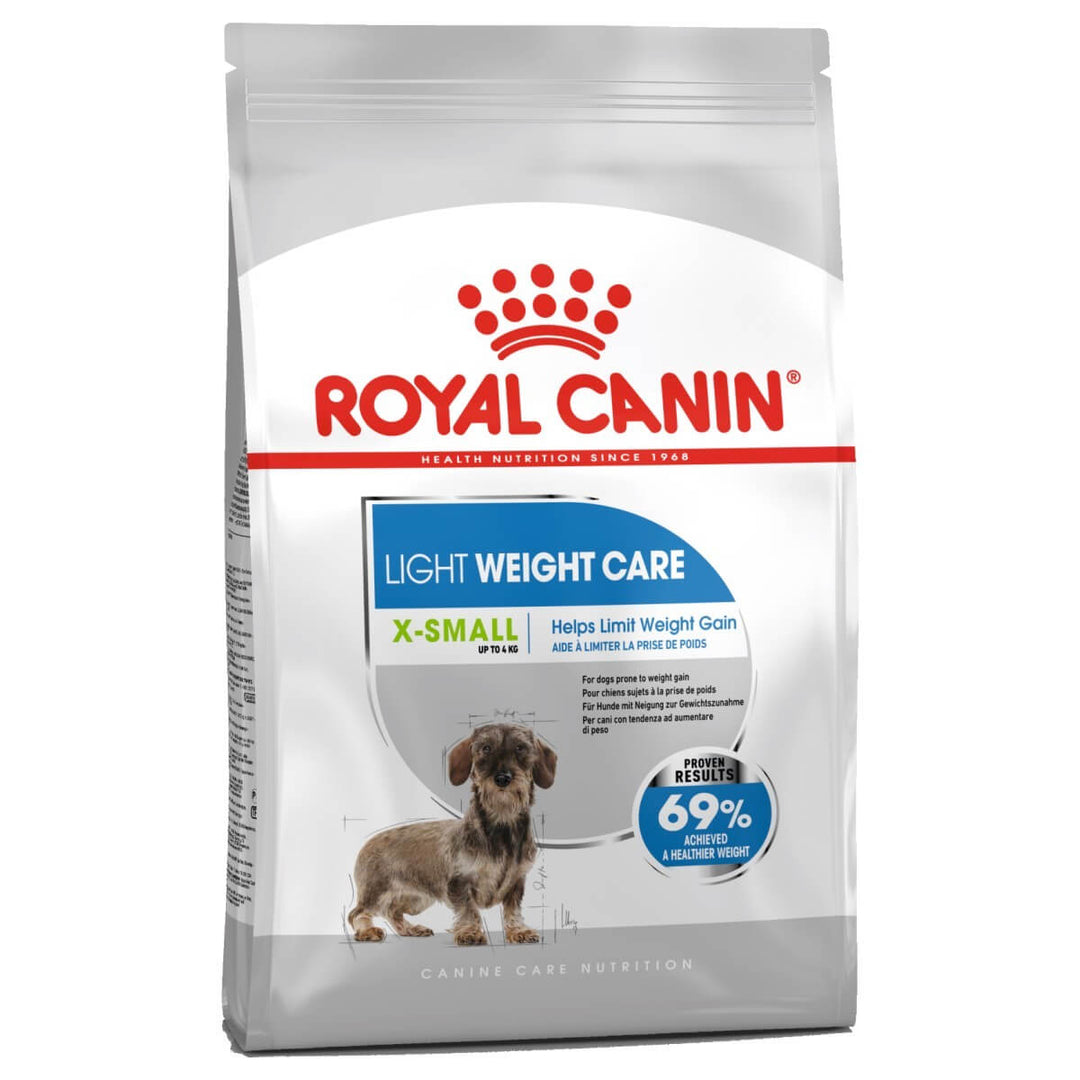 Royal Canin Light Weight Care X-Small dog food packaging on a white background