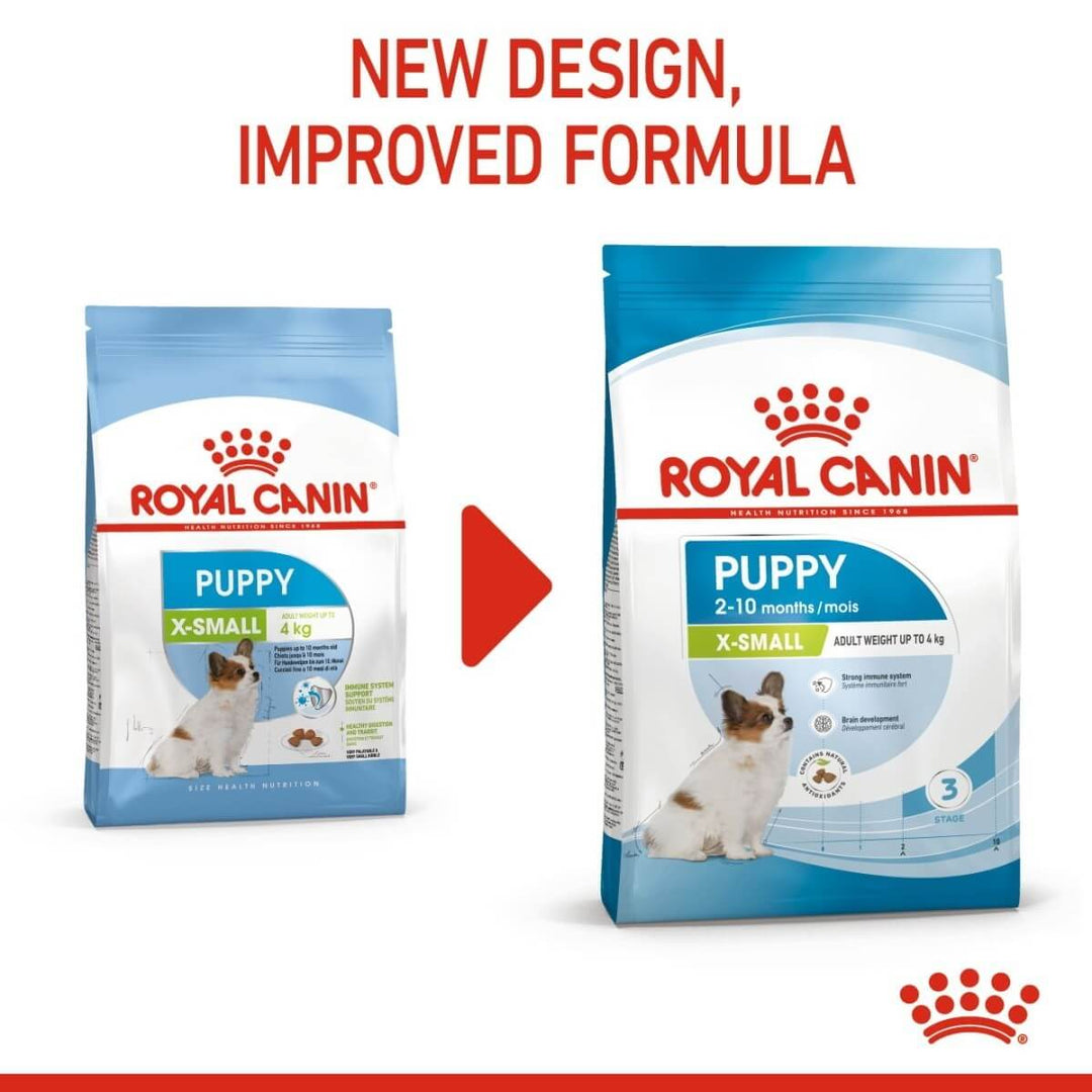 Two packages of Royal Canin Puppy X-Small dog food with a red arrow and text indicating a new design and improved formula.