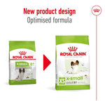 Load image into Gallery viewer, Two packages of Royal Canin X-Small dog food with a red arrow between them on a white background.