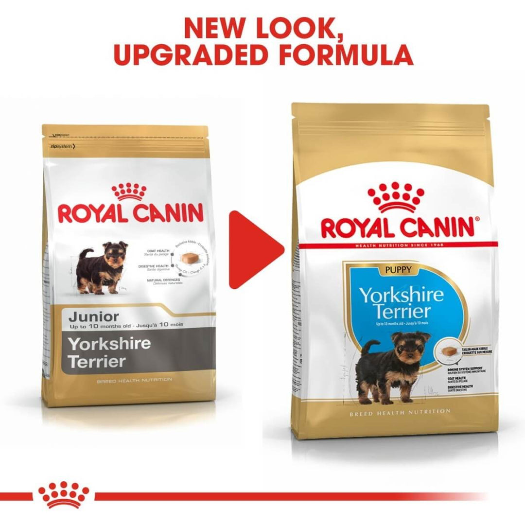Two packages of Royal Canin Yorkshire Terrier dog food with text indicating a new look and upgraded formula.