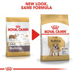 Load image into Gallery viewer, Two packages of Royal Canin Bulldog dog food with a red arrow and text indicating 'New Look, Same Formula'.