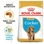 Load image into Gallery viewer, Royal Canin Cocker Puppy dog food packaging with key features highlighted.