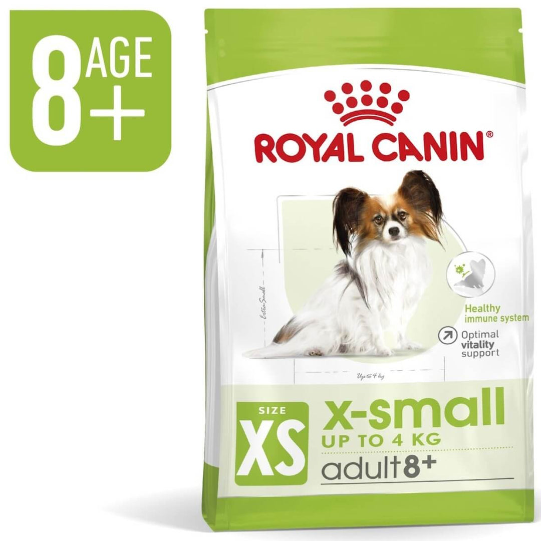 Royal Canin X-Small adult 8+ dog food package on a white background