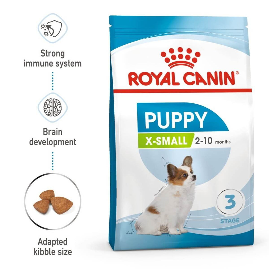 Royal Canin Puppy X-Small dog food package on a white background
