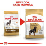 Load image into Gallery viewer, Two packages of Royal Canin Rottweiler dog food with a red arrow between them indicating 'New Look, Same Formula'.