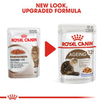 Load image into Gallery viewer, Two packages of Royal Canin Ageing +12 cat food with a red arrow between them indicating a new look and upgraded formula.