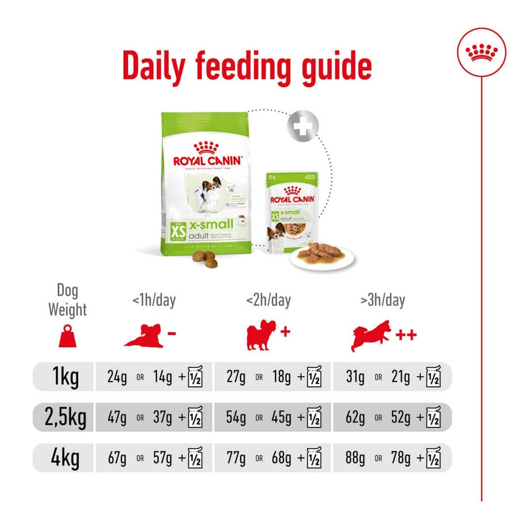 Royal Canin daily feeding guide for dogs with product packaging displayed.