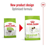 Load image into Gallery viewer, Two packages of Royal Canin X-Small dog food with a red arrow and text indicating new product design and optimized formula.