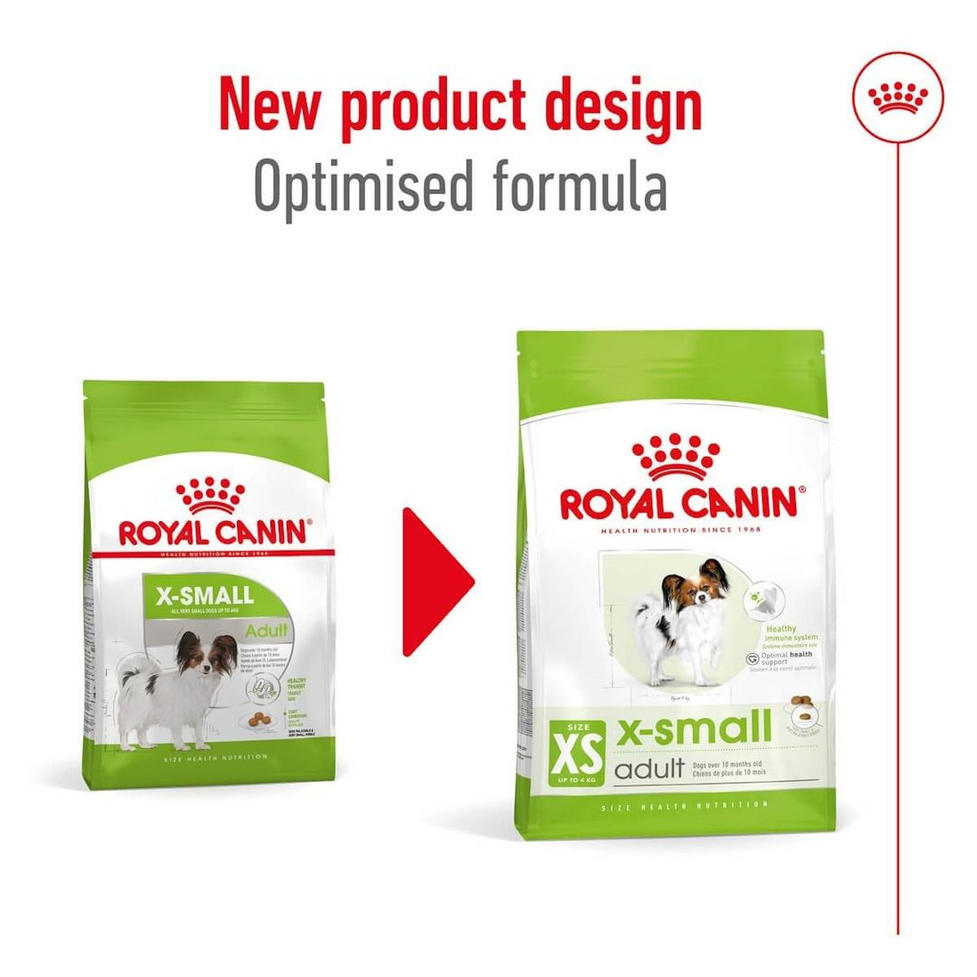 Two packages of Royal Canin X-Small dog food with a red arrow and text indicating new product design and optimized formula.