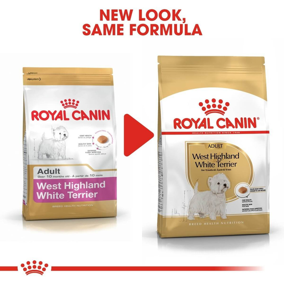 Two packages of Royal Canin West Highland White Terrier dog food with a red arrow between them.