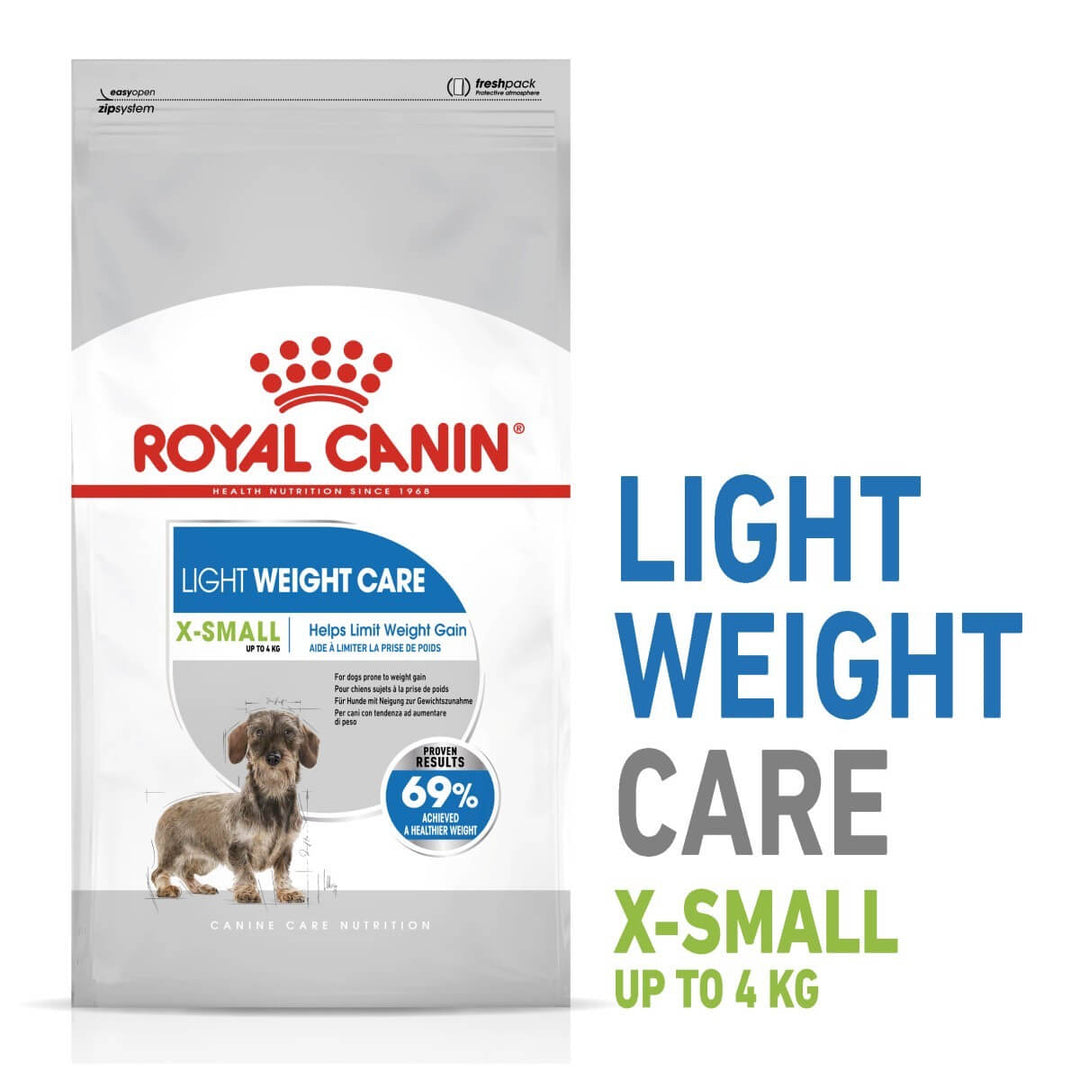 Royal Canin Light Weight Care X-Small dog food package on a white background