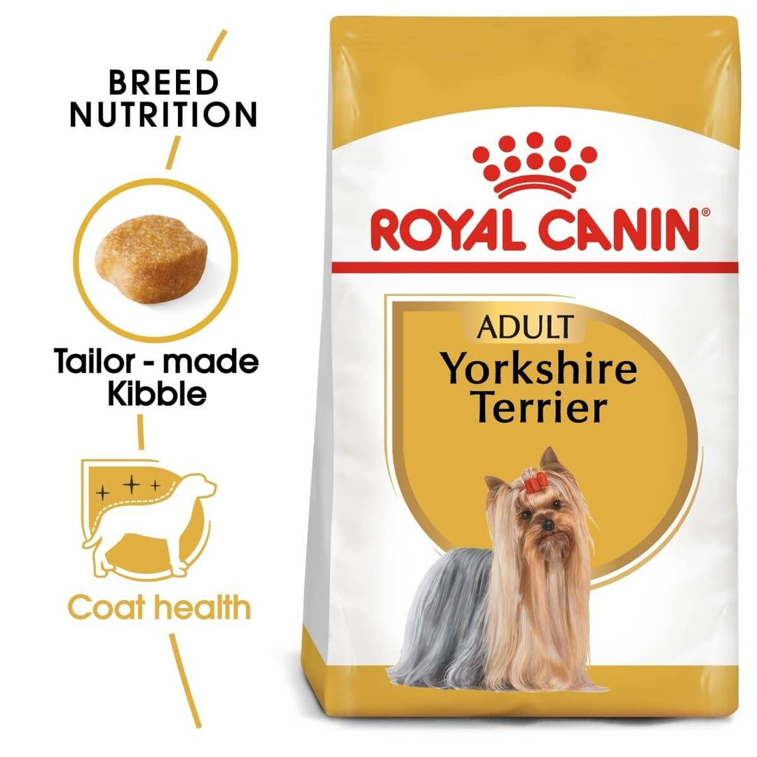 Royal Canin Yorkshire Terrier dog food package with text highlighting features.