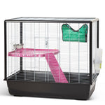 Load image into Gallery viewer, Pet cage with pink platform and green food container on a white background