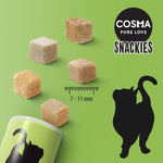Load image into Gallery viewer, Cat treats with a canister and black cat silhouette on a green background, featuring the brand 'Cosma Pure Love'.