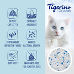 Load image into Gallery viewer, Tigerino Crystals cat litter packaging with features and a white cat on a light blue background.