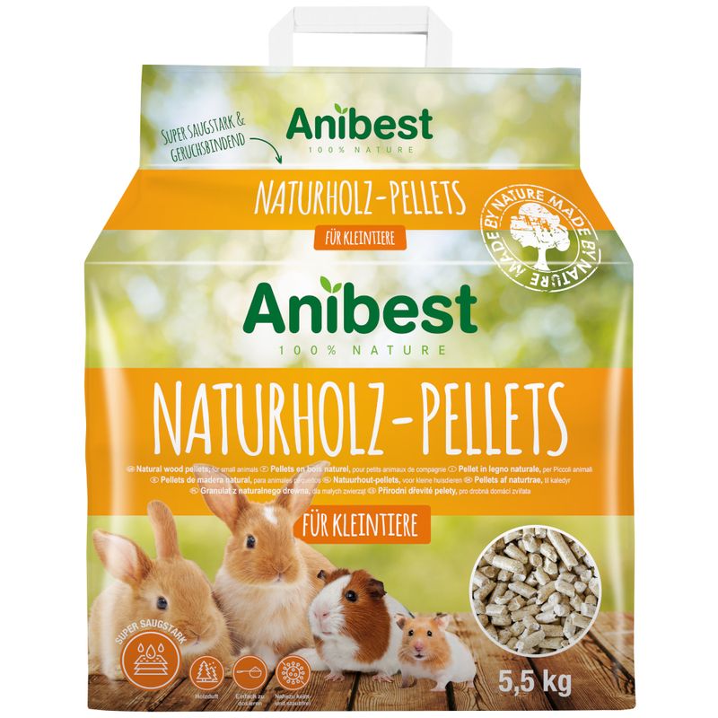 Anibest Naturholz-Pellets packaging with rabbits on a white background