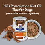 Load image into Gallery viewer, Hills Prescription Diet CD Tins for Dogs with a dog and bowl of stew on a brown background
