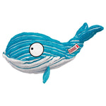 Load image into Gallery viewer, Blue and white whale-shaped plush toy with a visible brand logo on a white background