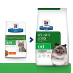 Load image into Gallery viewer, Two packages of Hills Prescription Diet r/d weight reduction and weight loss cat food on a white background.