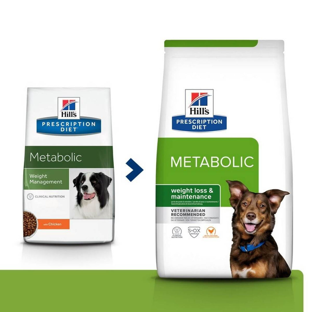 Two packages of Hills Prescription Diet Metabolic dog food on a white background