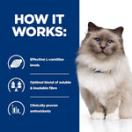 Load image into Gallery viewer, Cat with text on effective L-carnitine levels, optimal blend of soluble & insoluble fibre, and clinically proven antioxidants.