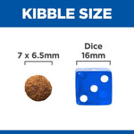 Load image into Gallery viewer, Comparison of kibble size to a dice showing dimensions