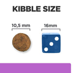 Load image into Gallery viewer, Comparison of kibble size with a 10.5 mm diameter round object and a 16 mm blue die on a white background.
