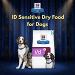 Load image into Gallery viewer, Hills Prescription Diet i/d sensitive dry food packaging with a dog in front of a blue curtain background