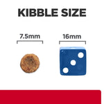 Load image into Gallery viewer, Comparison of kibble size to a blue die with measurements on a white background